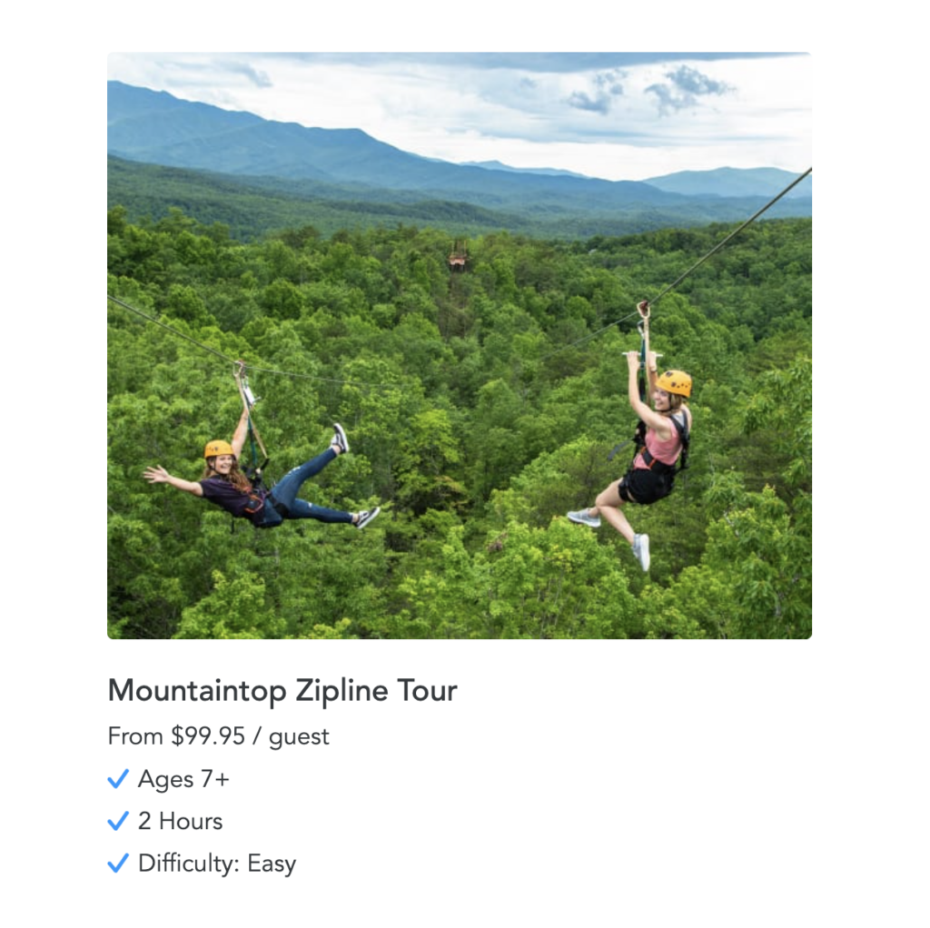 An image of a zipline with a list of features the tour includes like cost, age limit, duration, and difficulty.